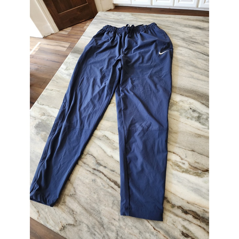 Nike Womens Navy Blue Tapered Track Pants Elastic Waist Small Swoosh Logo